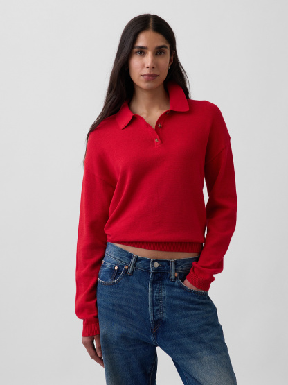 100% Cotton Relaxed Polo Sweater - Modern red