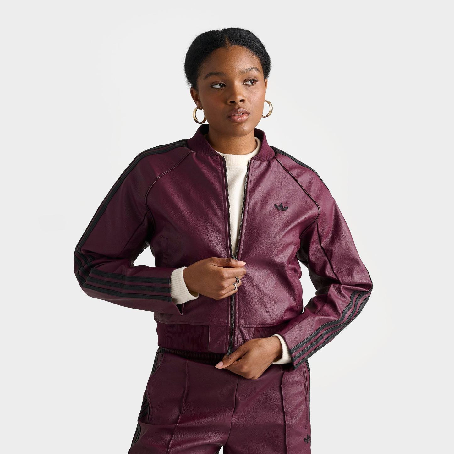 Women's adidas Originals Pleather Superstar Full-Zip Track Top - Maroon/Black/Dark Football Gold
