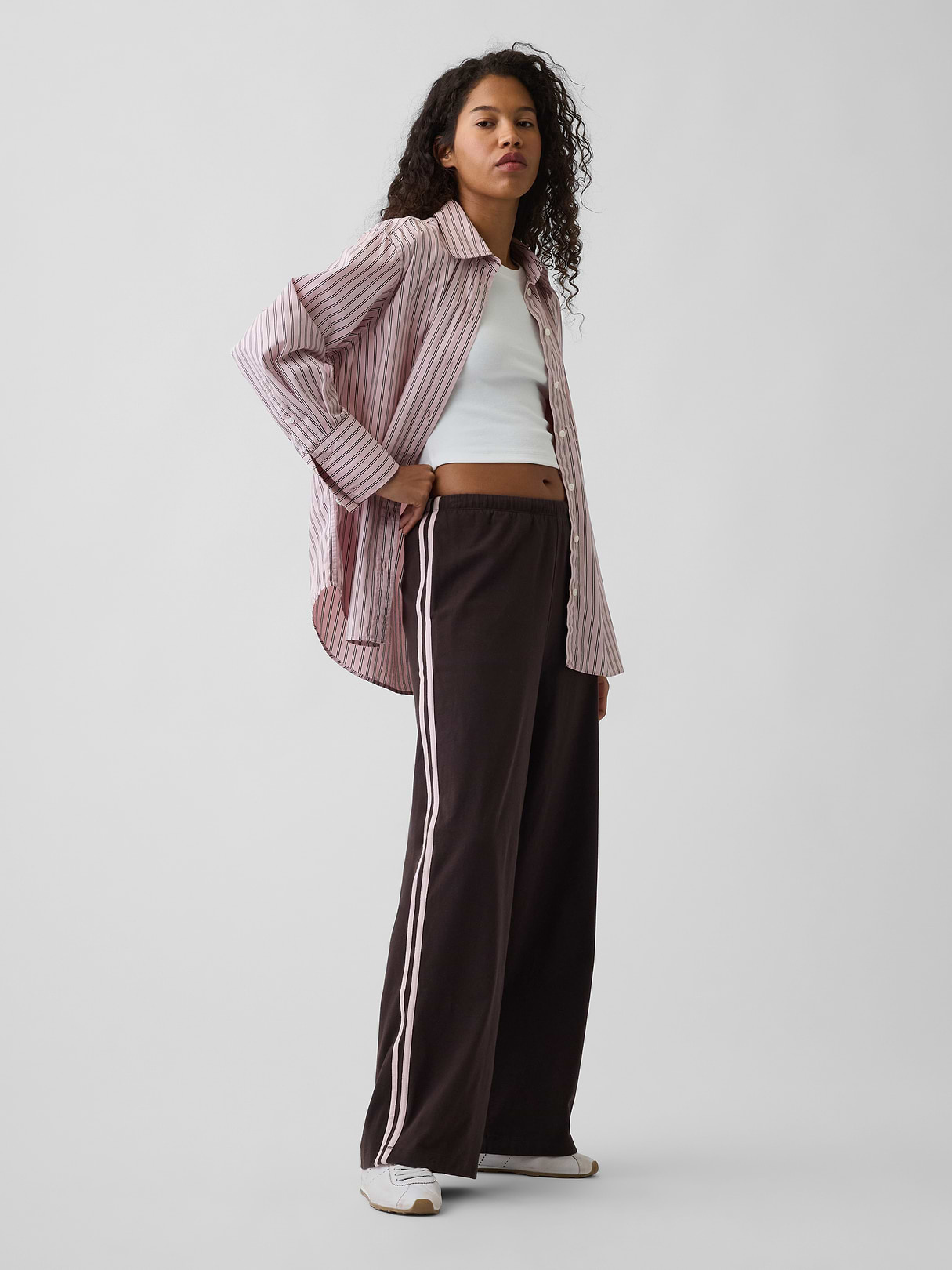 Knit Relaxed Track Pants - Terra brown with pink stripe