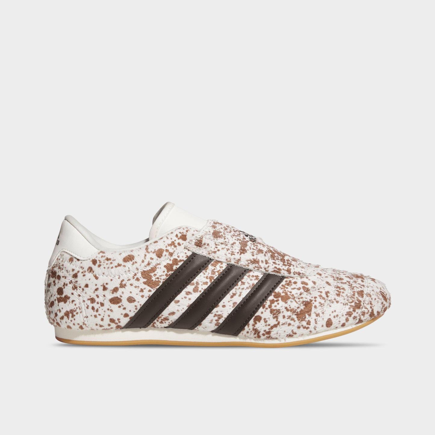 Women's adidas Originals Taekwondo Cow Print Casual Shoes - Off White/Dark Brown/Gum - Left shoe facing left. Outside of the shoe.