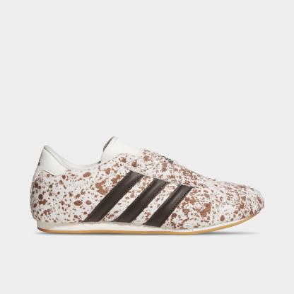 Women's adidas Originals Taekwondo Cow Print Casual Shoes - Off White/Dark Brown/Gum - Left shoe facing left. Outside of the shoe.