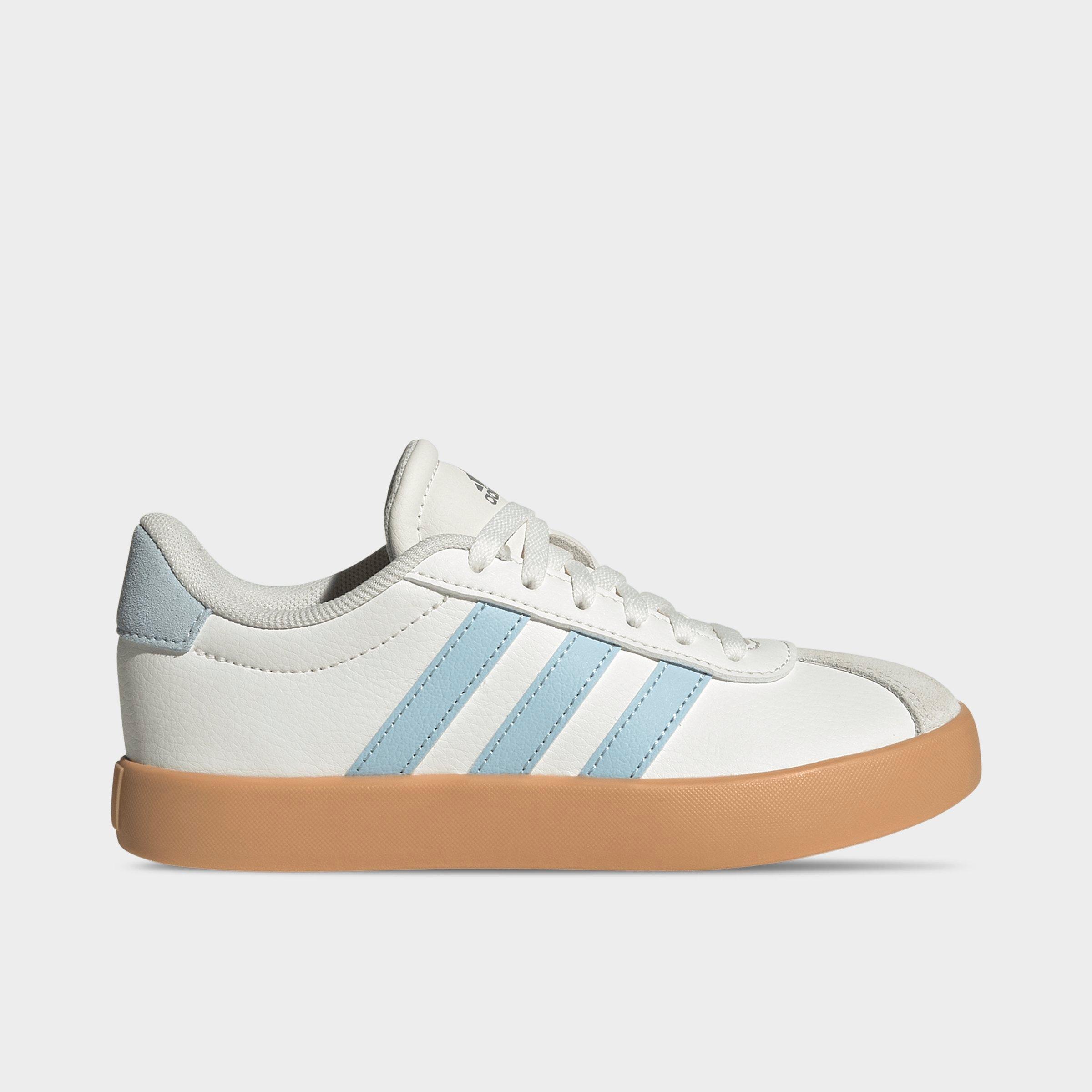 Big Kids' adidas VL Court 3.0 Skateboarding Casual Shoes - Core White/Ice Blue/Gum - Left shoe facing left. Outside of the shoe.
