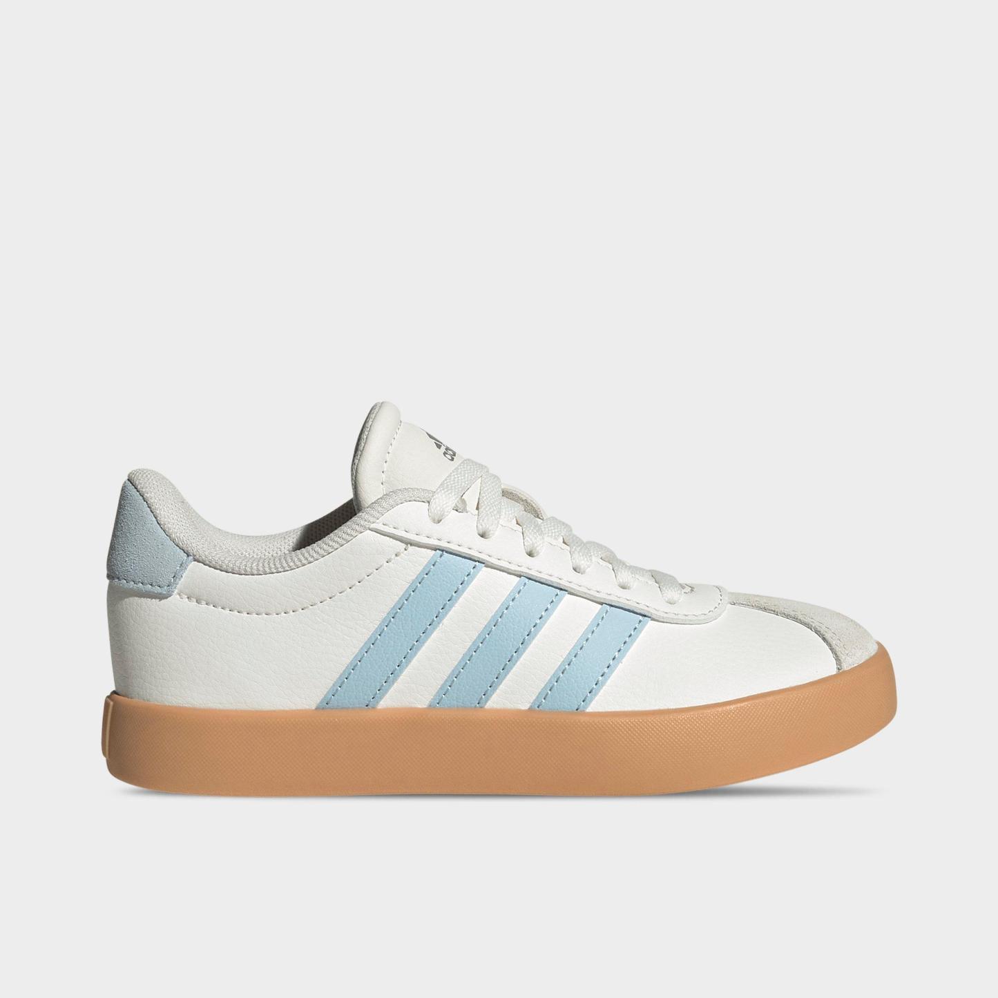 Big Kids' adidas VL Court 3.0 Skateboarding Casual Shoes - Core White/Ice Blue/Gum - Left shoe facing left. Outside of the shoe.