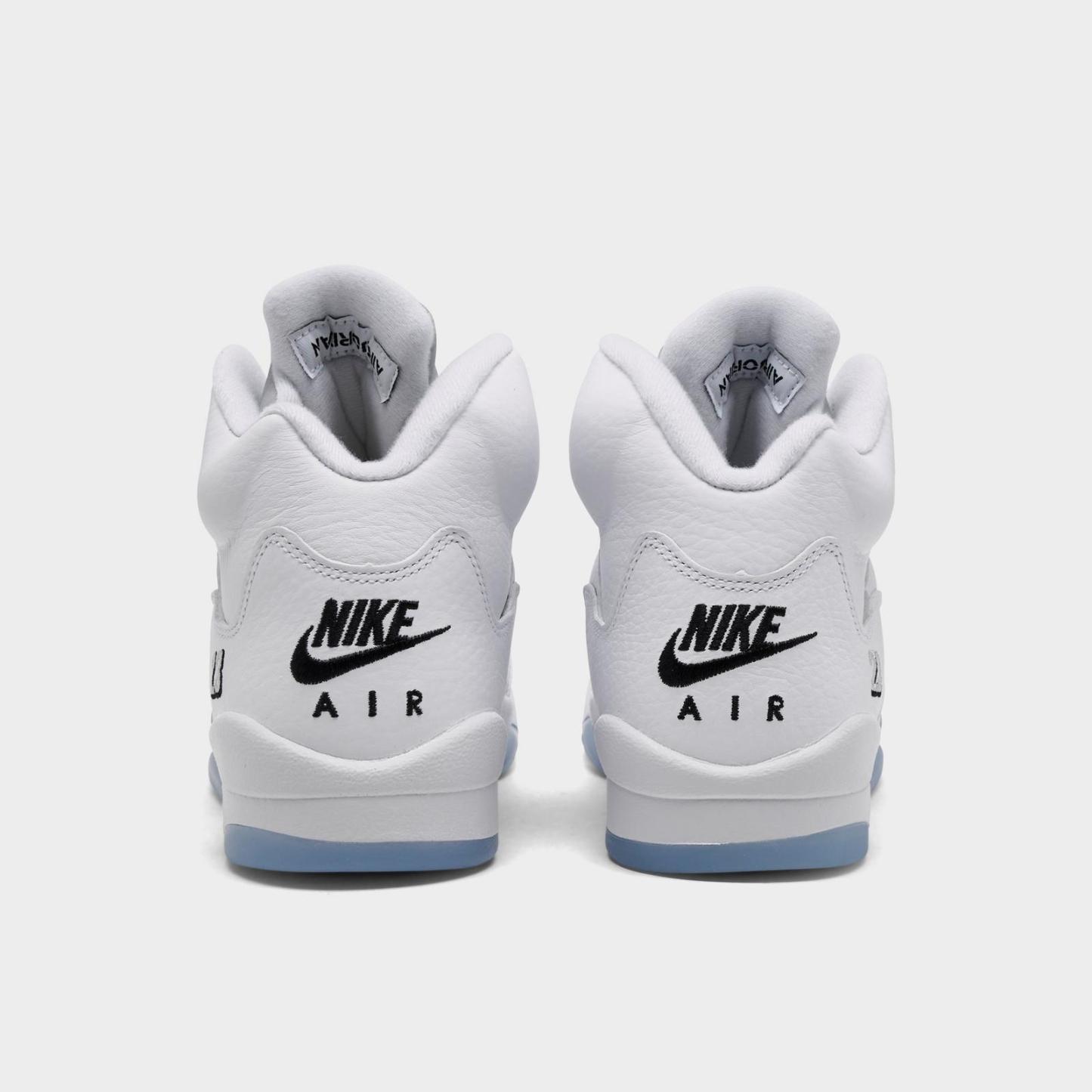 Big Kids' Air Jordan Retro 5 Basketball Shoes - White/Metallic Silver/Black - Left shoe facing left. Outside of the shoe. - view 4