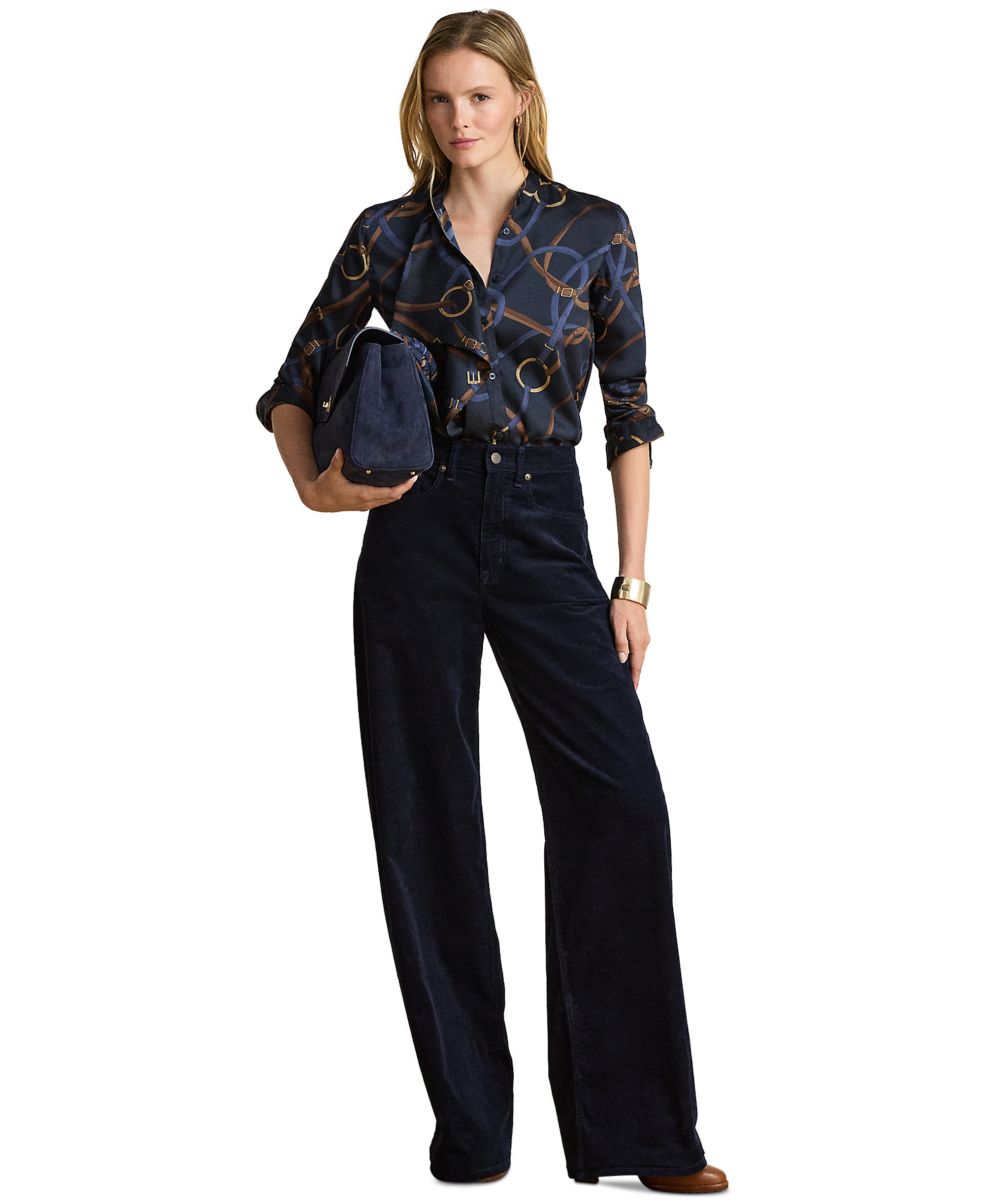 Lauren Ralph Lauren Women's Belting-Print Ruffle-Trim Twill Shirt - Navy Multi
