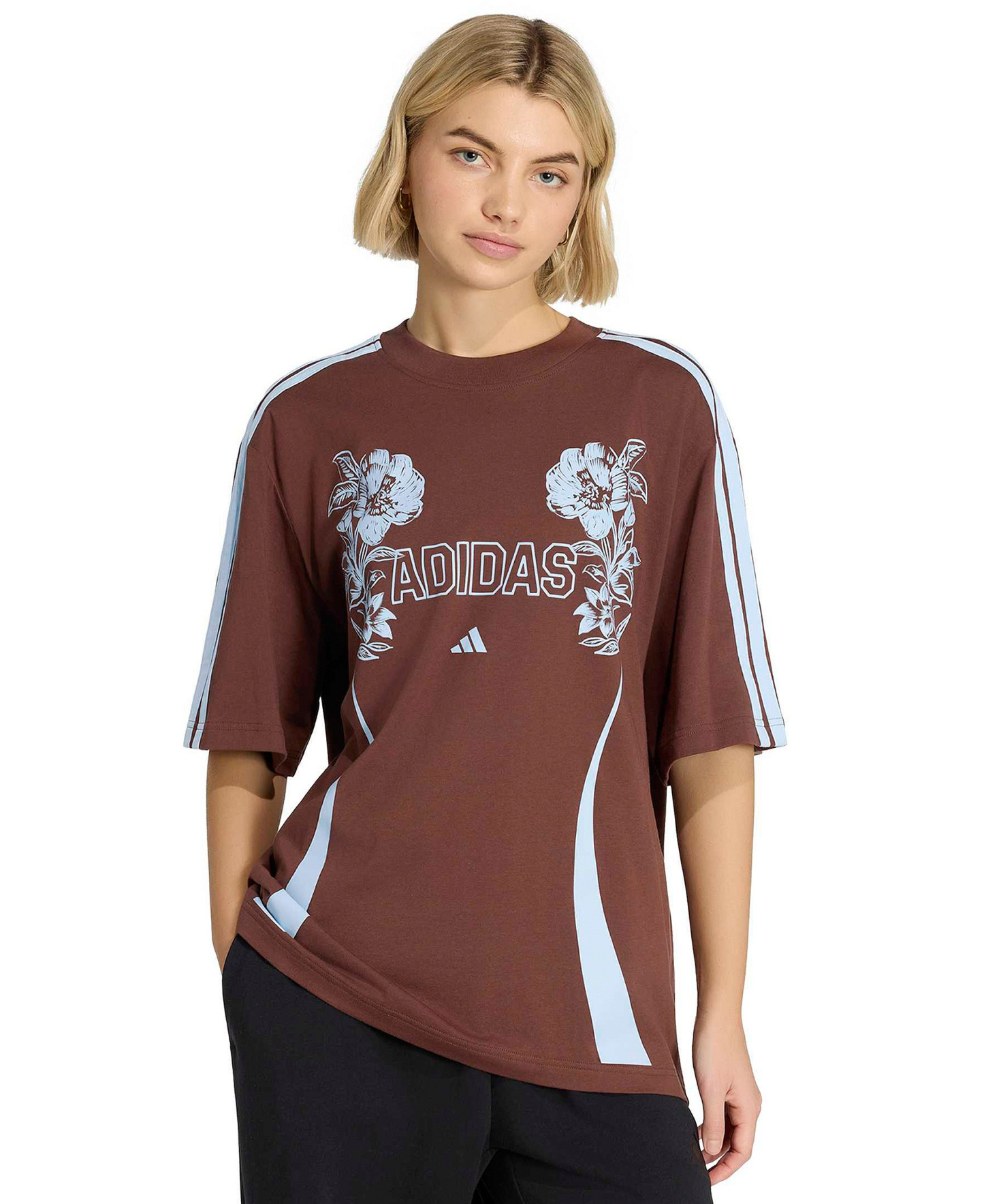 adidas Women's Farm Gfx Tee 2 Retro Graphic-Print 3-Stripes Crewneck T-Shirt - AUBURN/CLE
