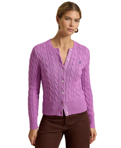 Polo Ralph Lauren Women's Cable-Knit Cotton Crewneck Cardigan Sweater - Thistle Pink