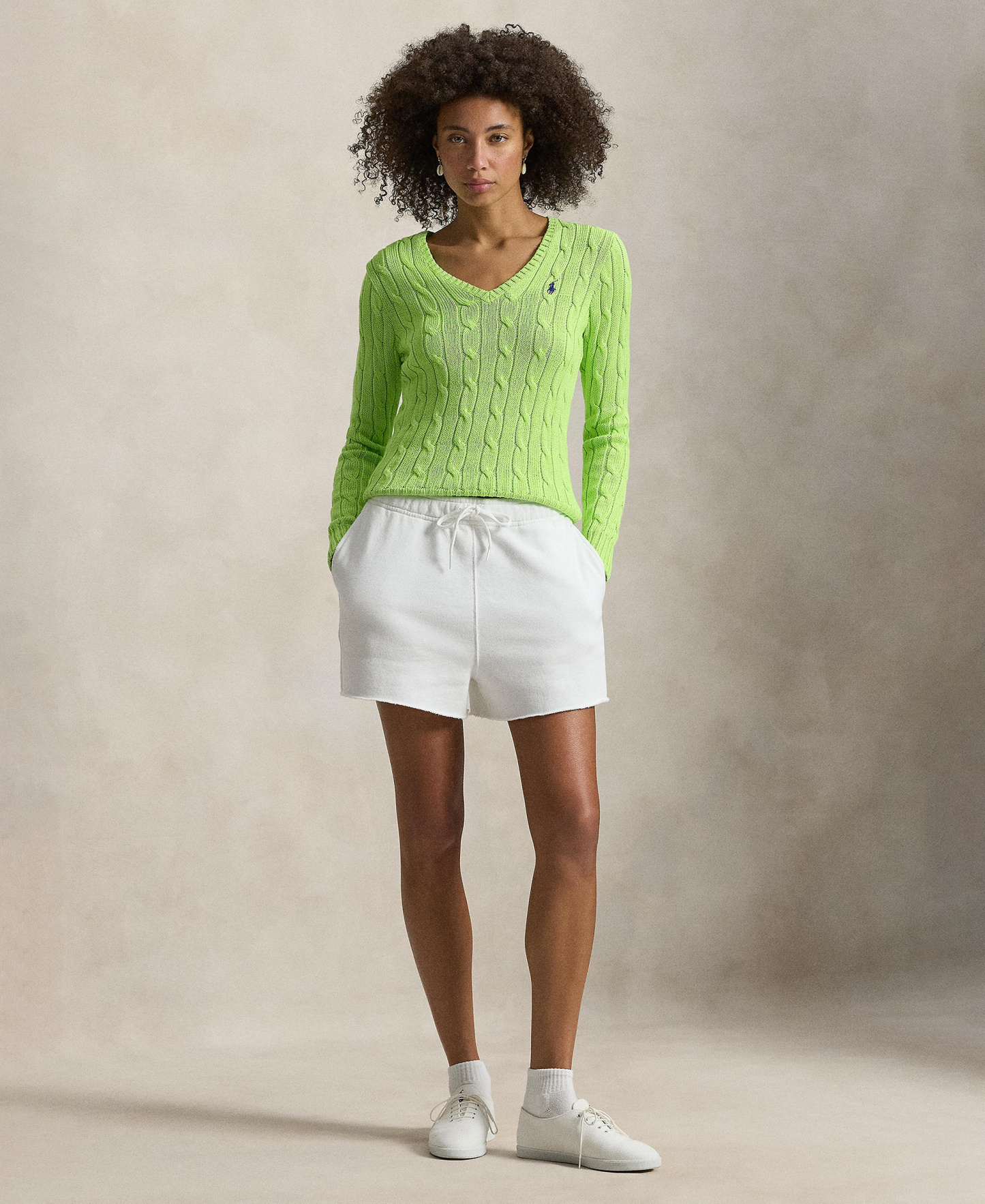Polo Ralph Lauren Women's Cable-Knit Cotton V-Neck Sweater - Bright Leaf