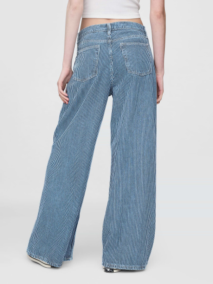 Mid Rise Denim Stripe Baggy Jeans - Blue indigo stripe