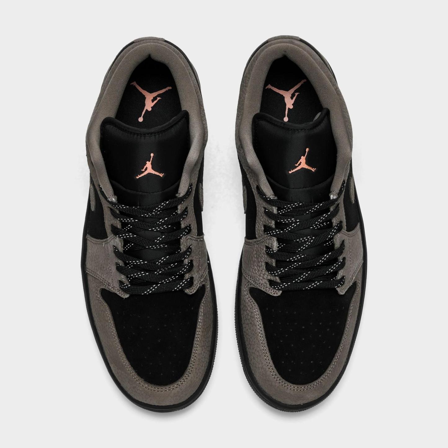 Men's Air Jordan Retro 1 Low SE Casual Shoes - Black/Olive Grey/Light Wild Mango - Left shoe facing left. Outside of the shoe. - view 5