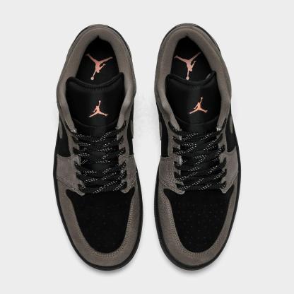 Men's Air Jordan Retro 1 Low SE Casual Shoes - Black/Olive Grey/Light Wild Mango - Left shoe facing left. Outside of the shoe. - view 5