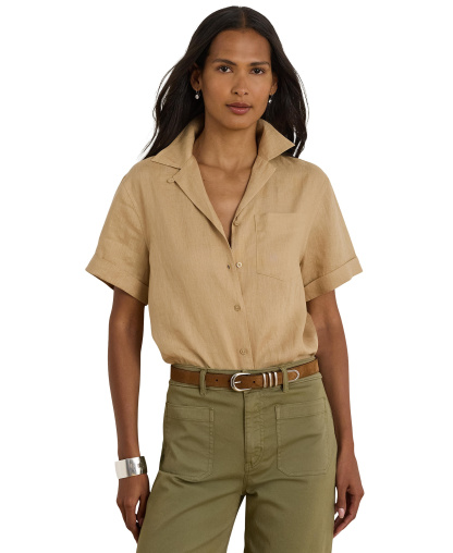 Lauren Ralph Lauren Women's Linen Short-Sleeve Camp Shirt - Birch Tan