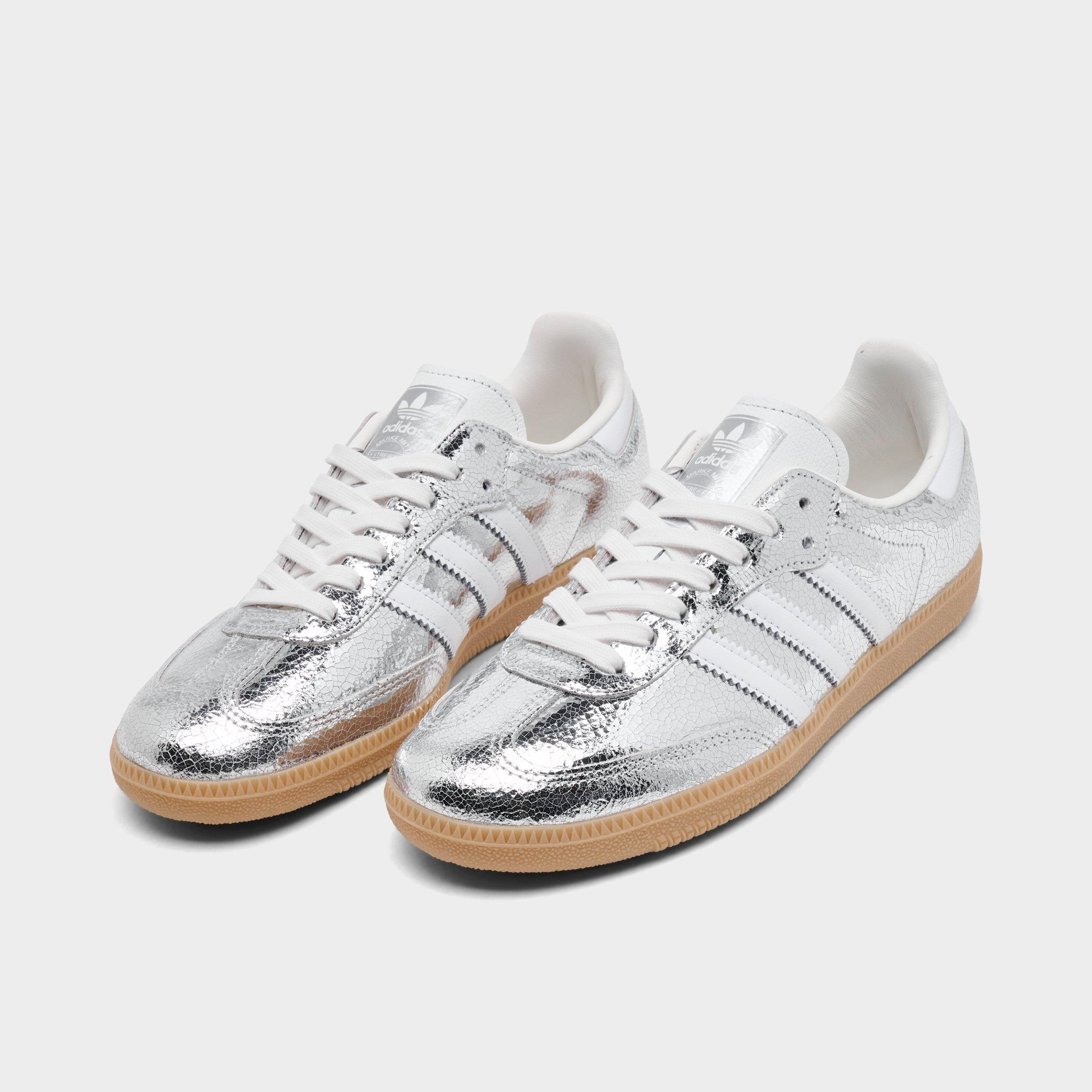 Women's adidas Originals Samba OG Casual Shoes - Part 6 - Silver Metallic/Cloud White/Core White - Both shoes facing left
