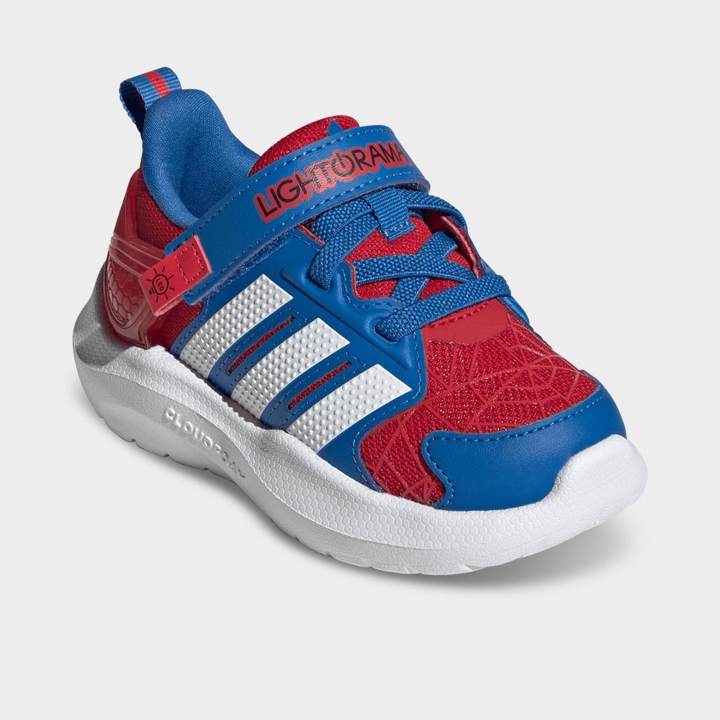 Kids' Toddler adidas x Marvel Spider-Man Lightorama Hook-And-Loop Stretch Lace Casual Shoes - Better Scarlet/Cloud White/Bright Royal - Both shoes facing left