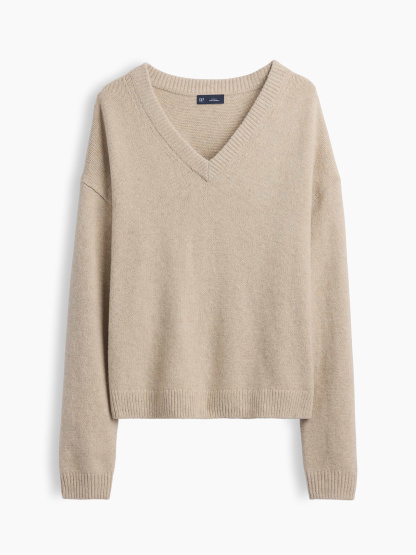 CashSoft Oversized V-Neck Sweater - Cobblestone beige
