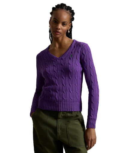 Polo Ralph Lauren Women's Cable-Knit Cotton V-Neck Sweater - Magenta