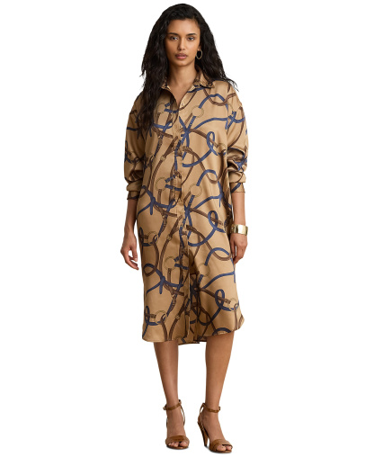 Lauren Ralph Lauren Women's Belting Print Collared Midi Dress - Camel Multi