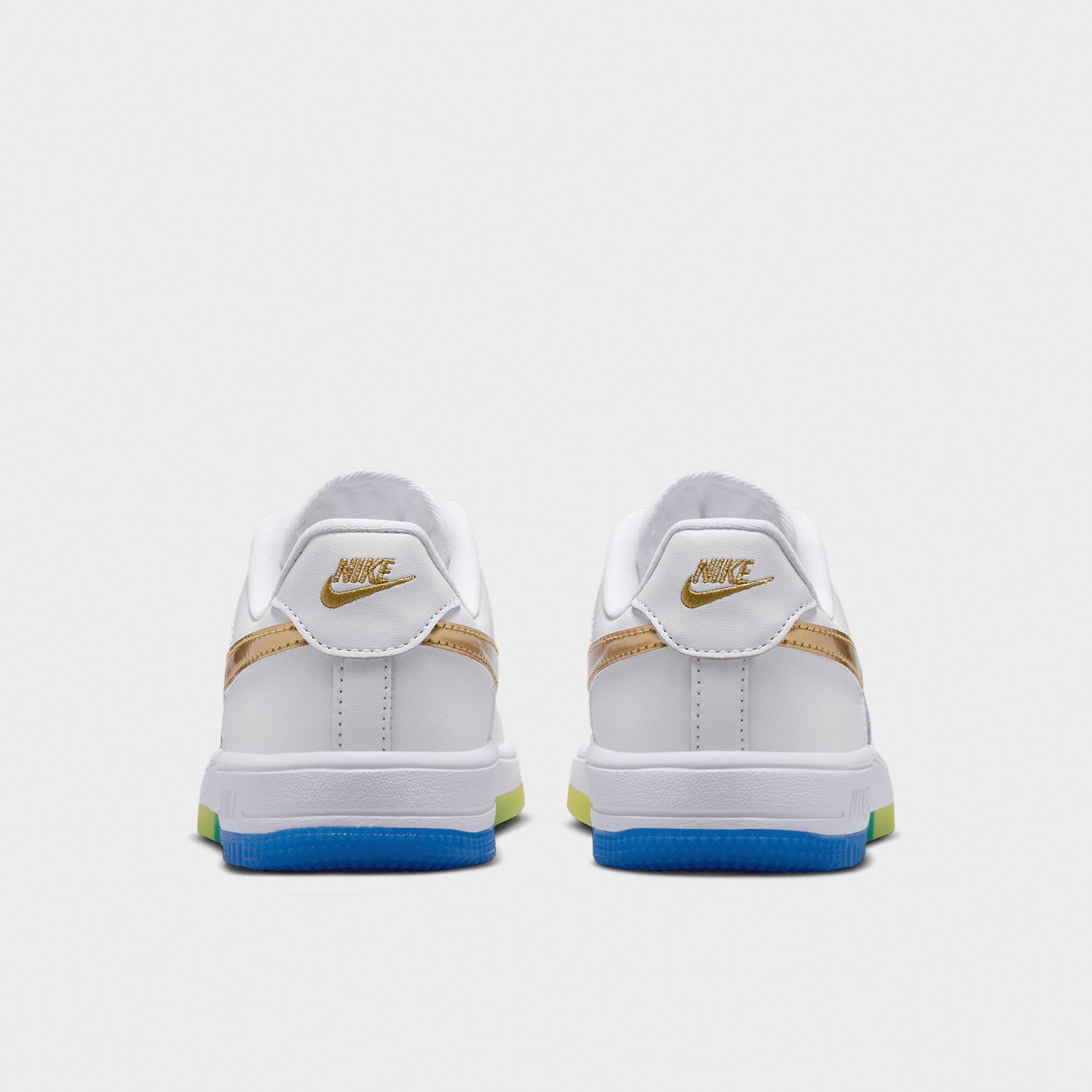 Little Kids' Nithtke Force 1 Low Casual Shoes - White/Soar/Sonic Yellow/Metallic Gold - Back view