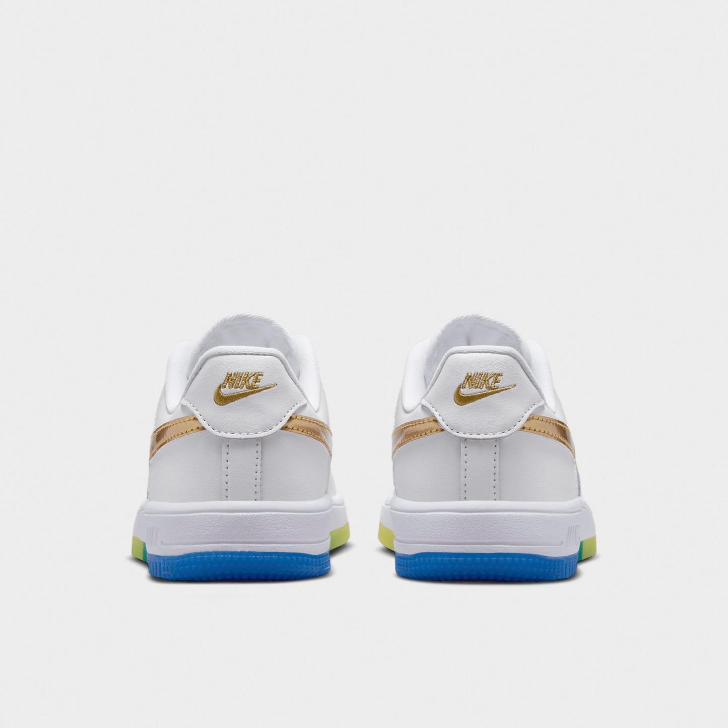 Little Kids' Nithtke Force 1 Low Casual Shoes - White/Soar/Sonic Yellow/Metallic Gold - Back view