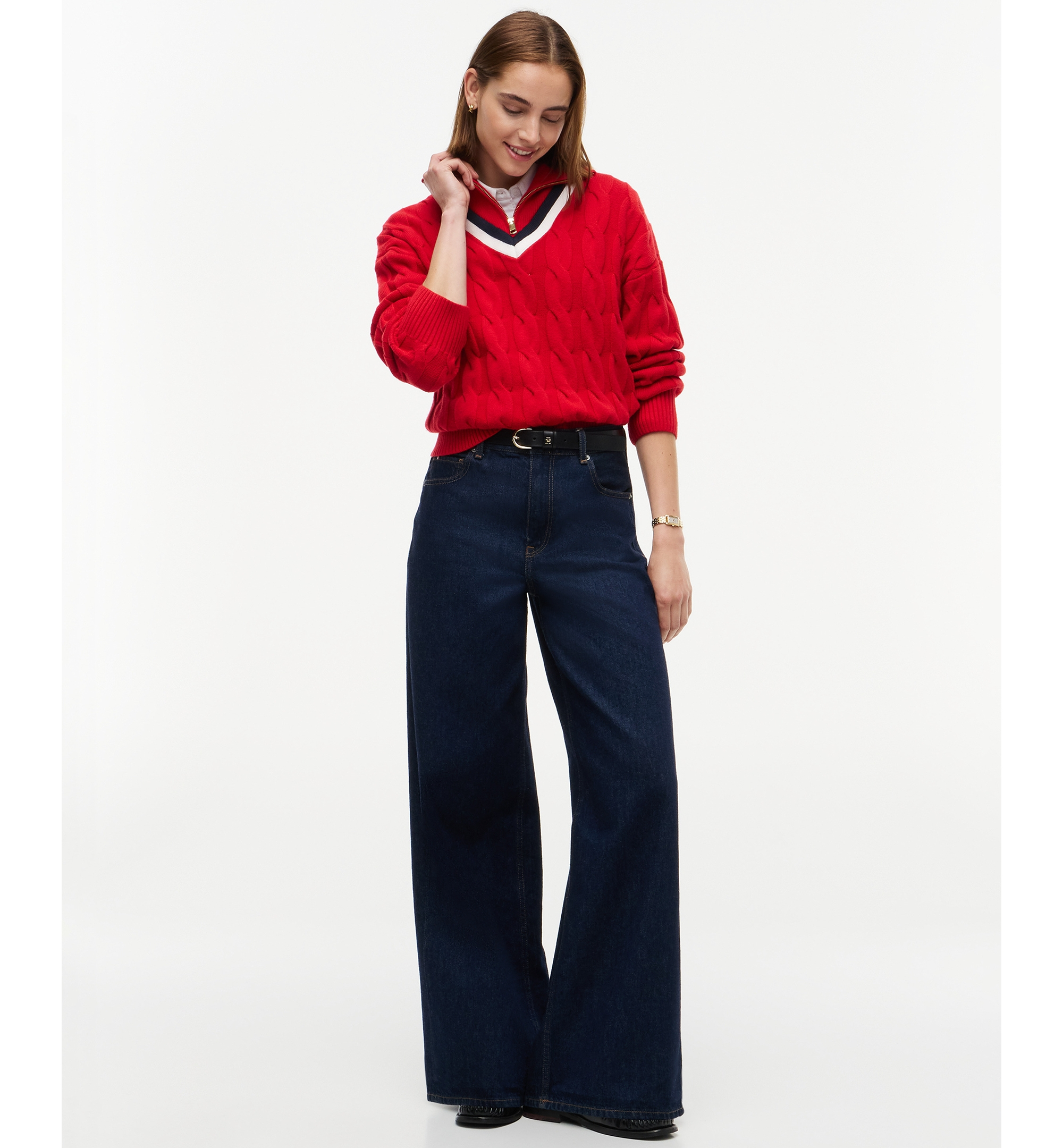 Tommy Hilfiger Women's Cable Half Zip Cricket Turtleneck Relaxed-Fit Sweater - Red