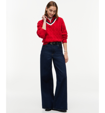 Tommy Hilfiger Women's Cable Half Zip Cricket Turtleneck Relaxed-Fit Sweater - Red