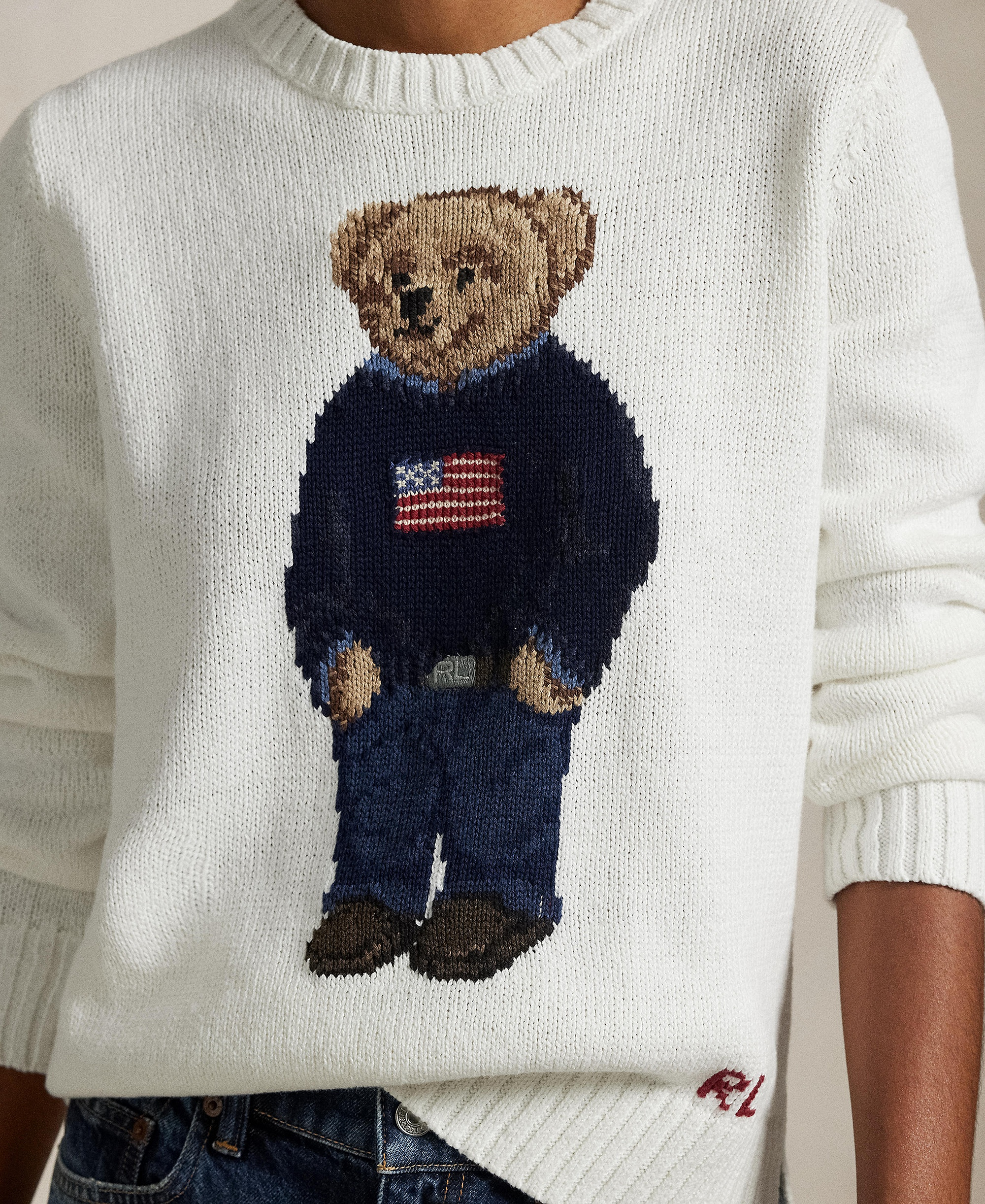 Polo Ralph Lauren Women's Polo Bear Linen-Cotton Crewneck Sweater - White