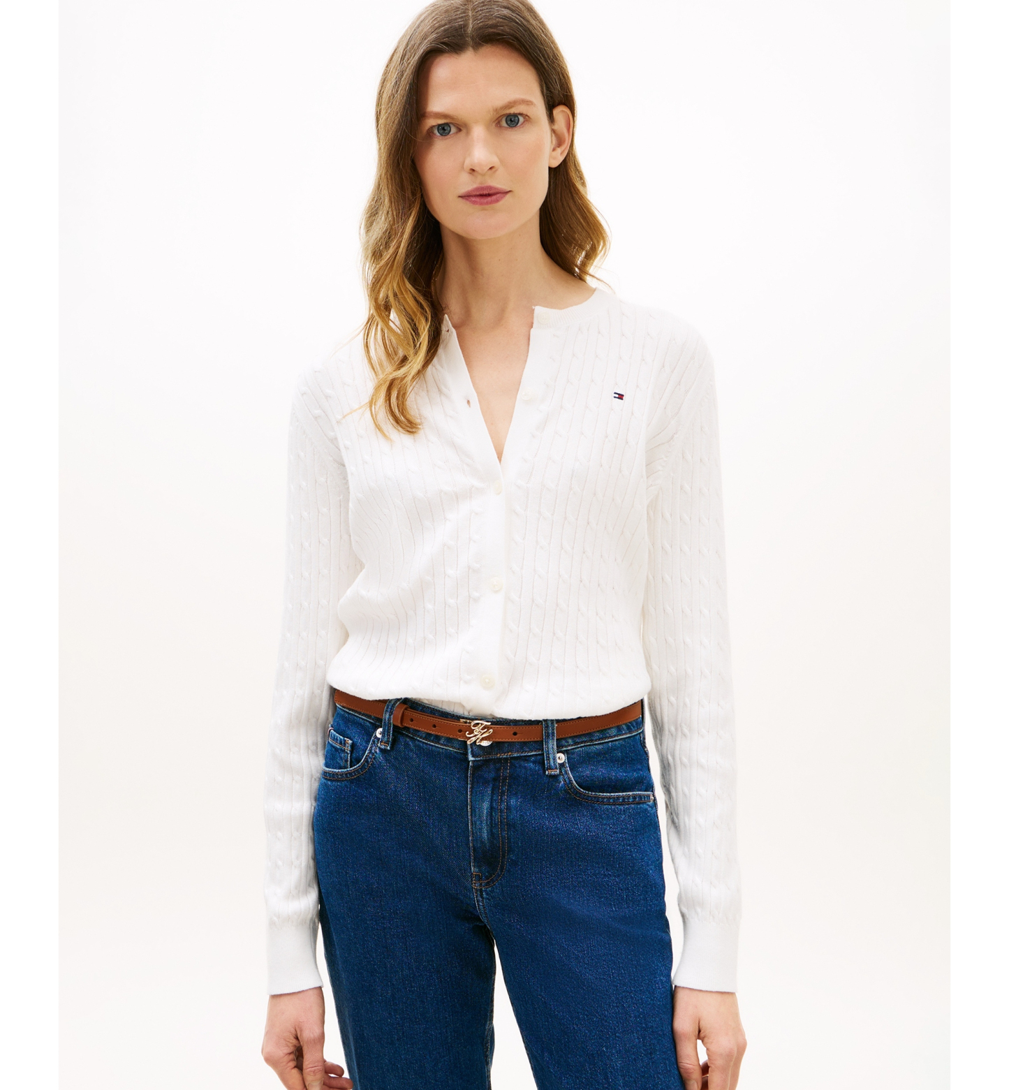 Tommy Hilfiger Women's Cable Knit Crew Neck Cardigan Sweater - Ecru