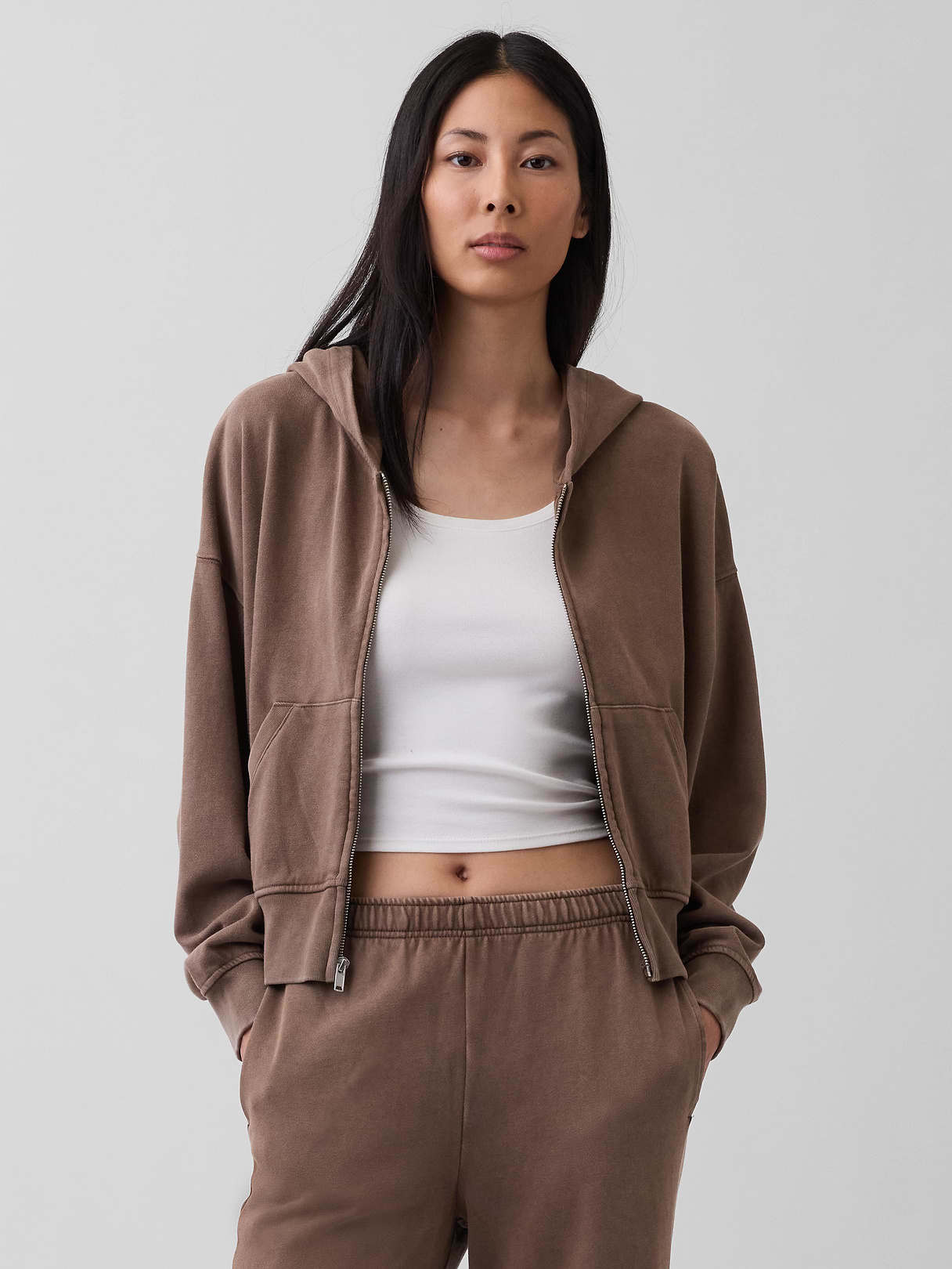 VintageSoft Terry Oversized Wedge Zip Hoodie - Brown