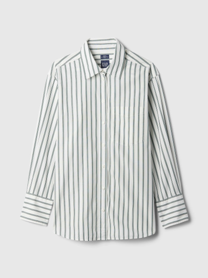Organic Cotton Poplin Stripe Big Shirt - green stripe