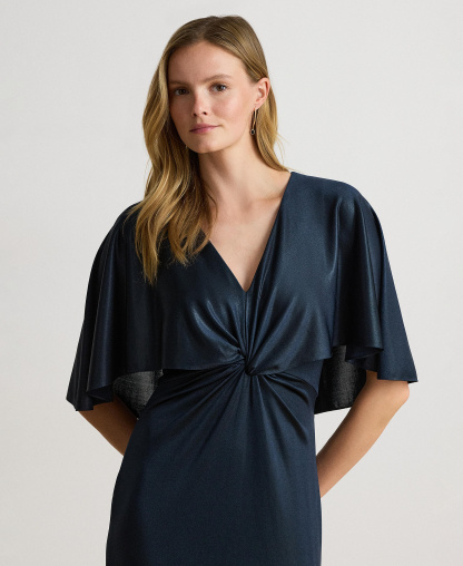 Lauren Ralph Lauren Women's Metallic Jersey Twist-Front Cape Gown - Navy