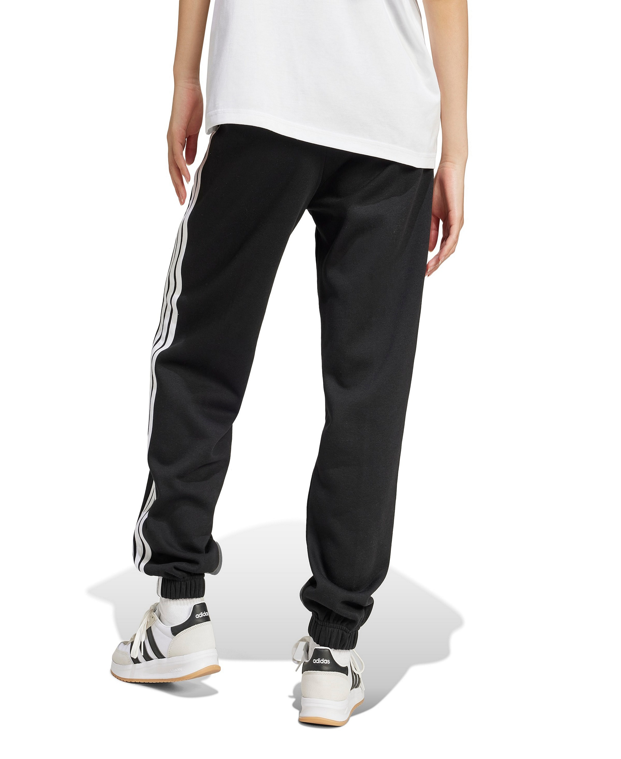 adidas Women's Essentials 3-Stripes Pull-On Fleece Loose Pants - Black/White