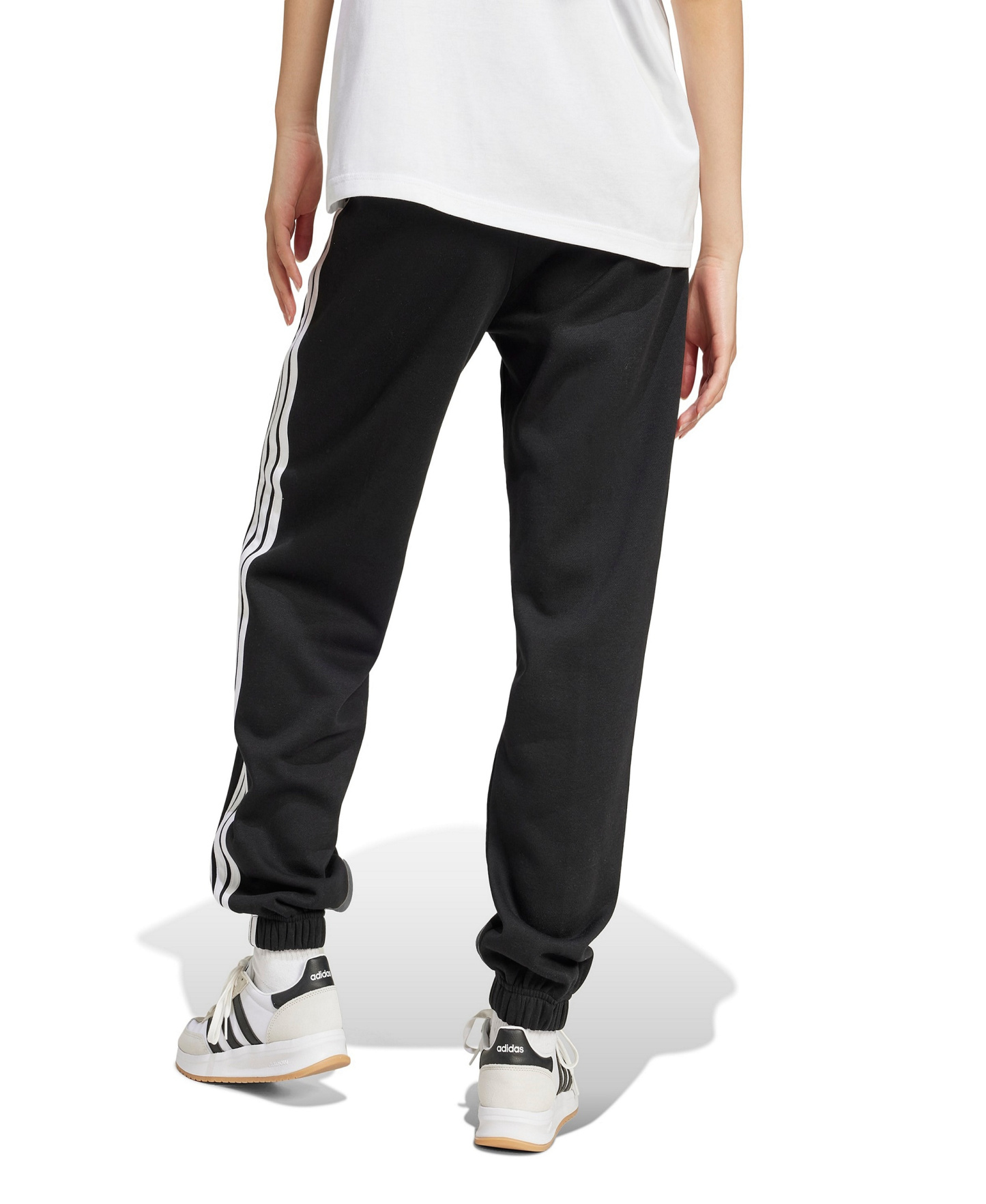 adidas Women's Essentials 3-Stripes Pull-On Fleece Loose Pants - Black/White