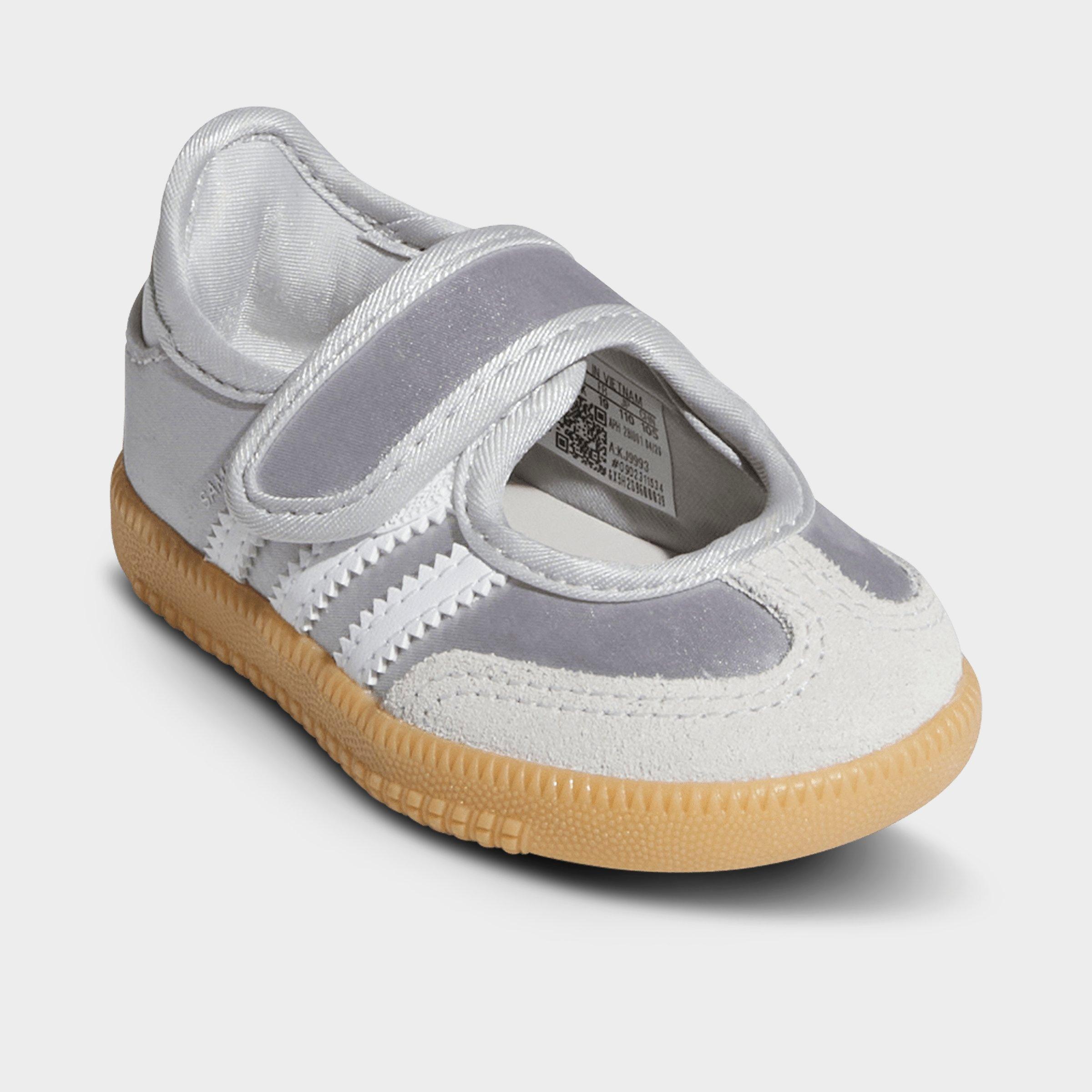 Girls' Toddler adidas Originals Samba Jane Casual Shoes - Silver Metallic/White/Gum - Both shoes facing left