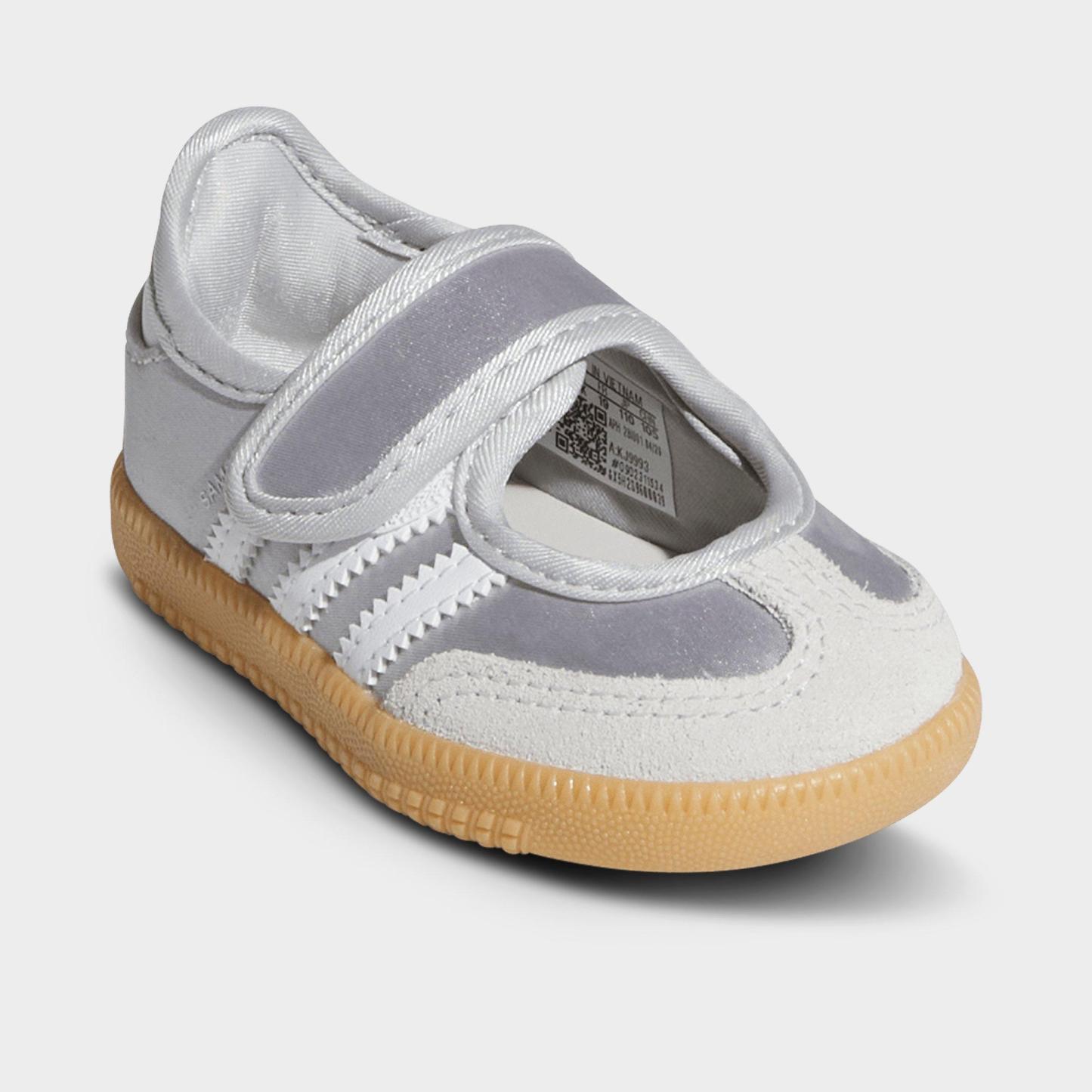 Girls' Toddler adidas Originals Samba Jane Casual Shoes - Silver Metallic/White/Gum - Both shoes facing left