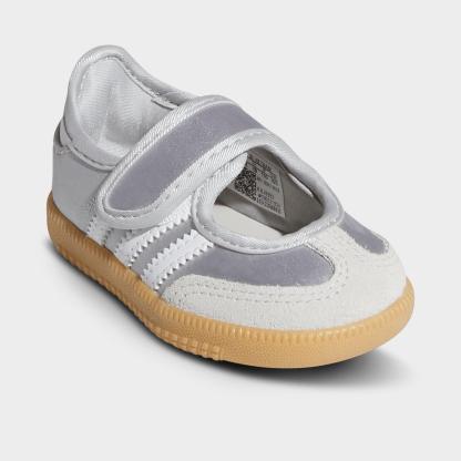 Girls' Toddler adidas Originals Samba Jane Casual Shoes - Silver Metallic/White/Gum - Both shoes facing left