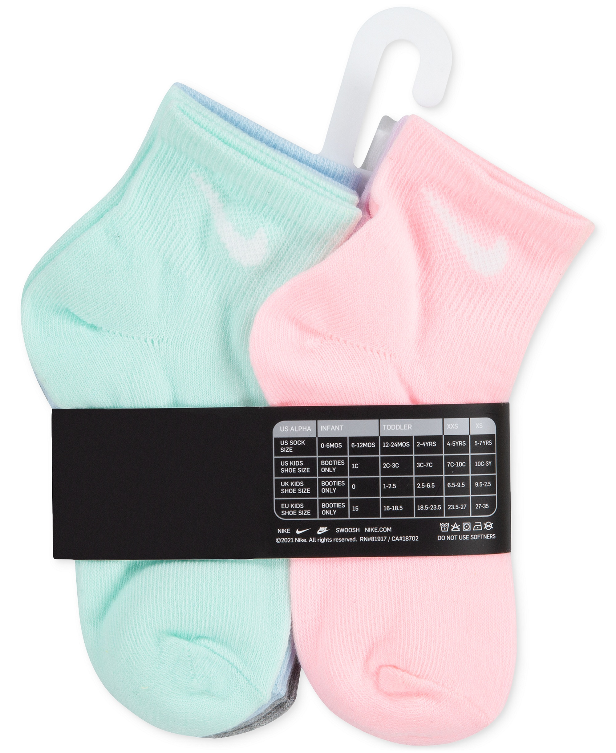 Nike Girls' 4-7 Metallic Swoosh Quarter Socks, 6-Pack - Pink/Purple/Black/Green