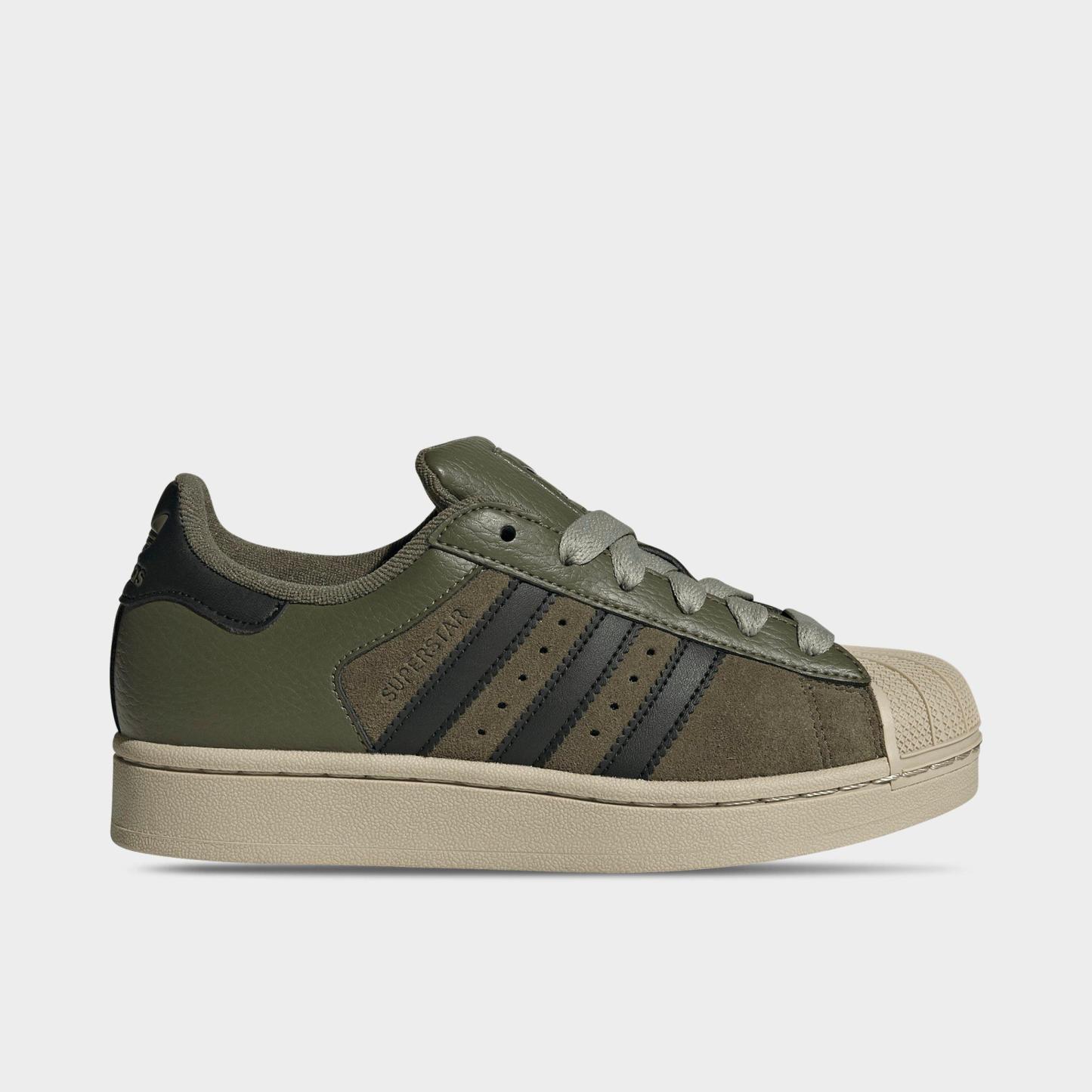 Big Kids' adidas Originals Superstar II Casual Shoes - Olive Strata/Core Black/Khaki - Left shoe facing left. Outside of the shoe.