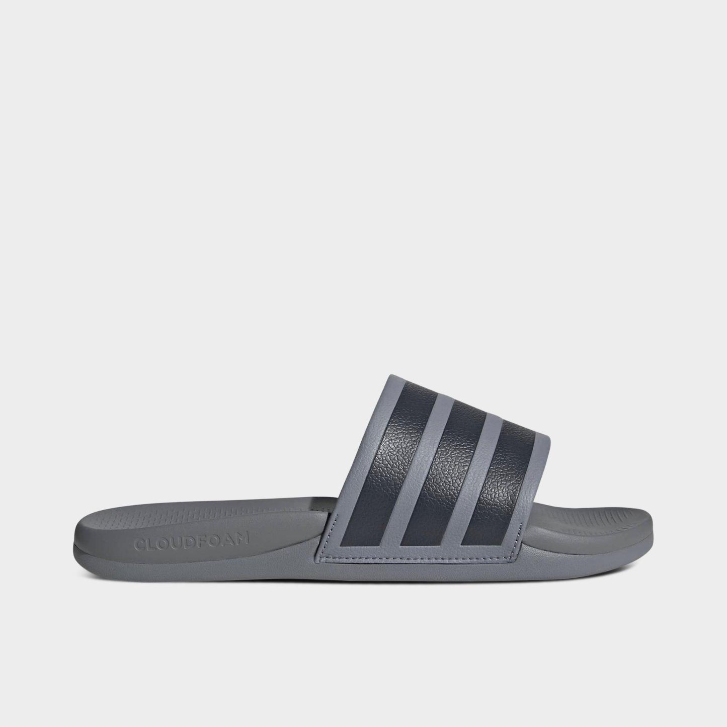 Women's adidas Adilette Comfort 2.0 Slide Sandals - Grey/Carbon/Grey Three - Left shoe facing left. Outside of the shoe.