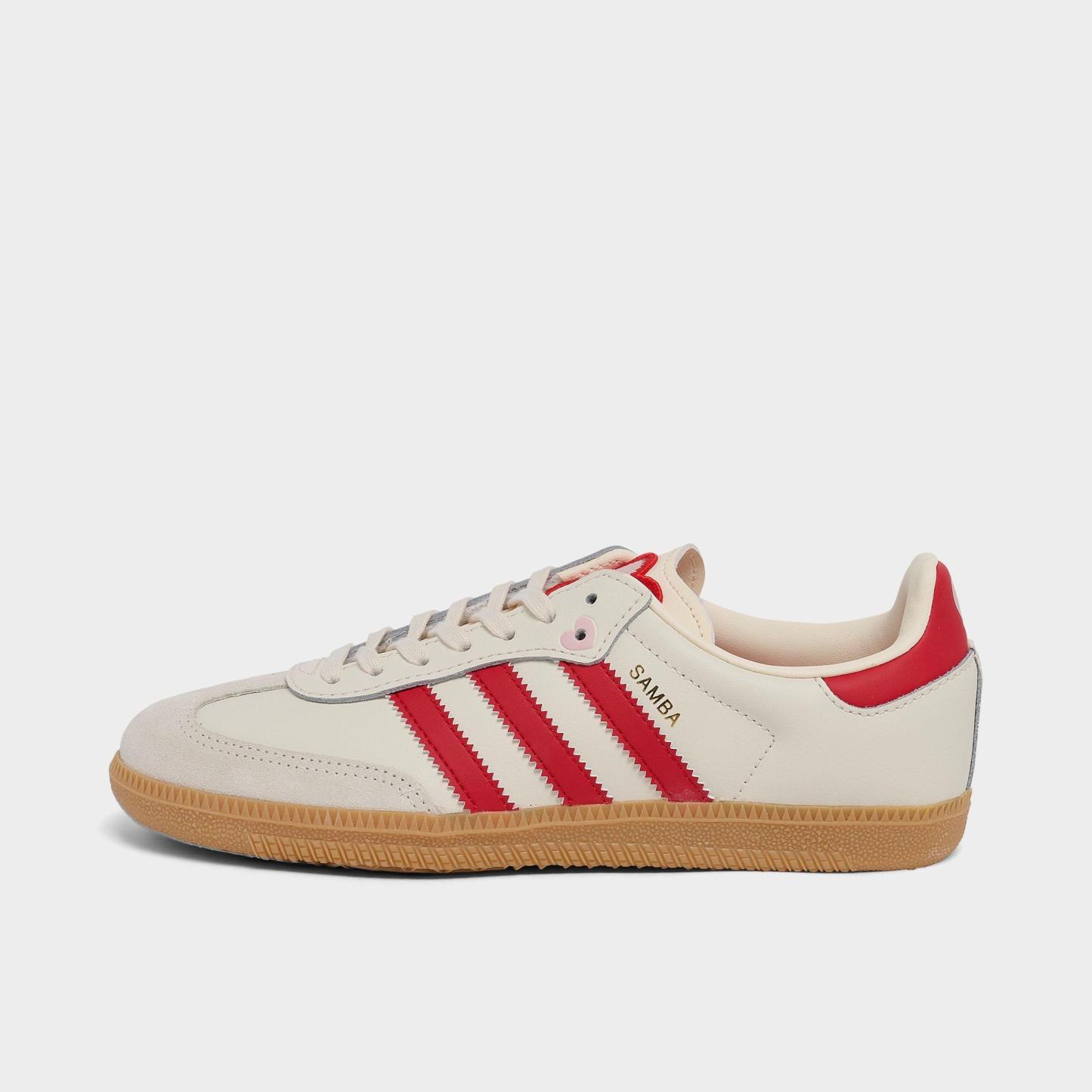 Big Kids' adidas Originals Samba OG Casual Shoes - Part 2 - Cream White/Better Scarlet/Gum - Left shoe facing left. Outside of the shoe.