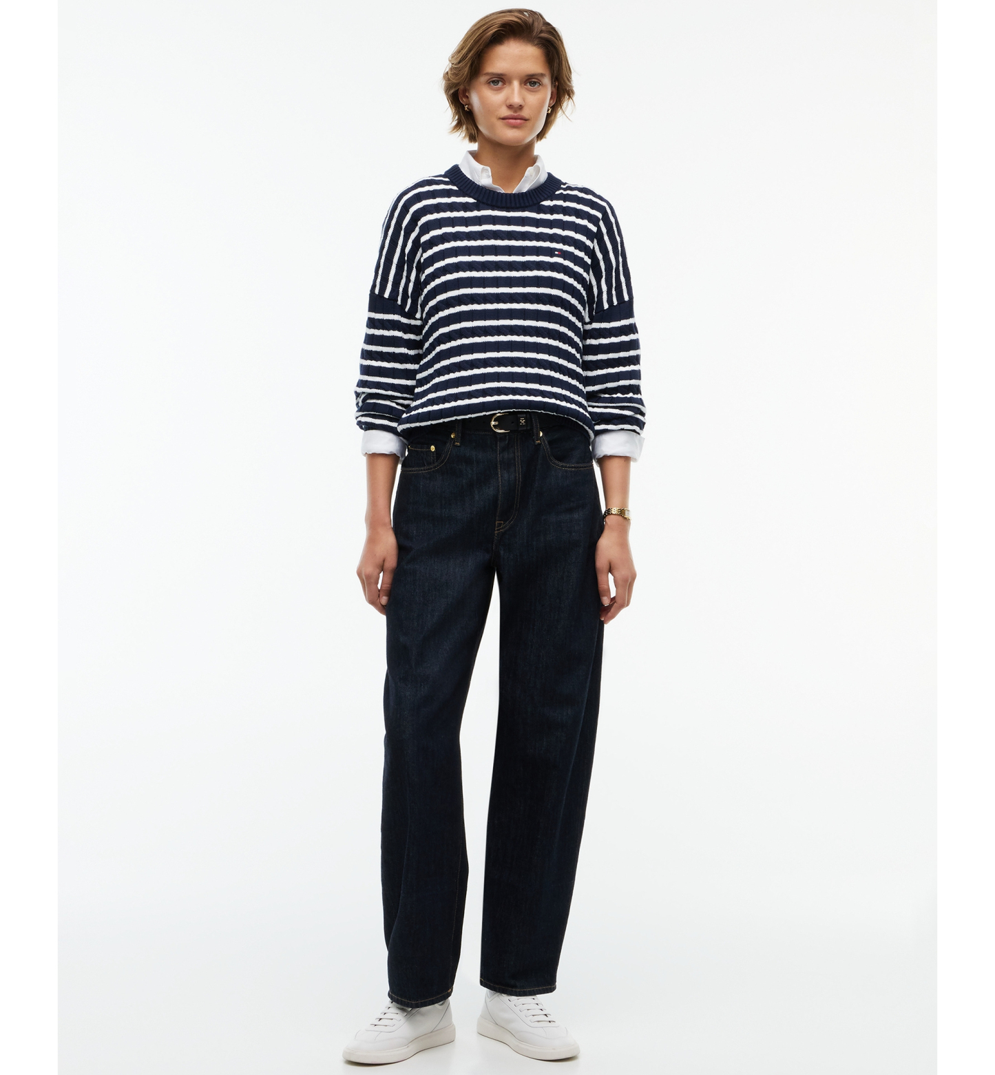 Tommy Hilfiger Women's Cable-Knit Crewneck Sweater - Breton Stp Dark Blue Ecru