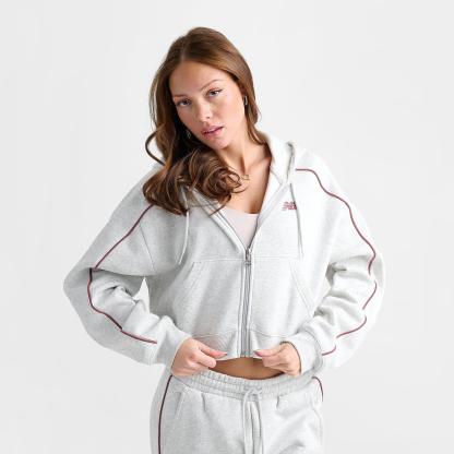 Women's New Balance Piped Cropped Full-Zip Hoodie - Ash Heather/Burgundy - view 3