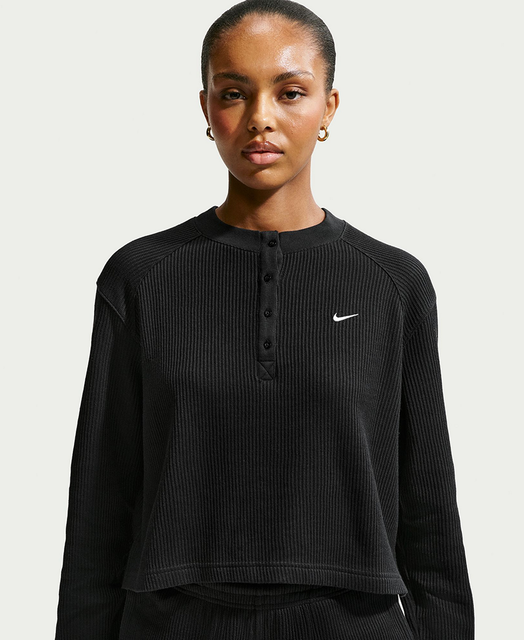 Nike Women's Sportswear Chill Waffle Oversized Long-Sleeve Henley Top - Black/Sail