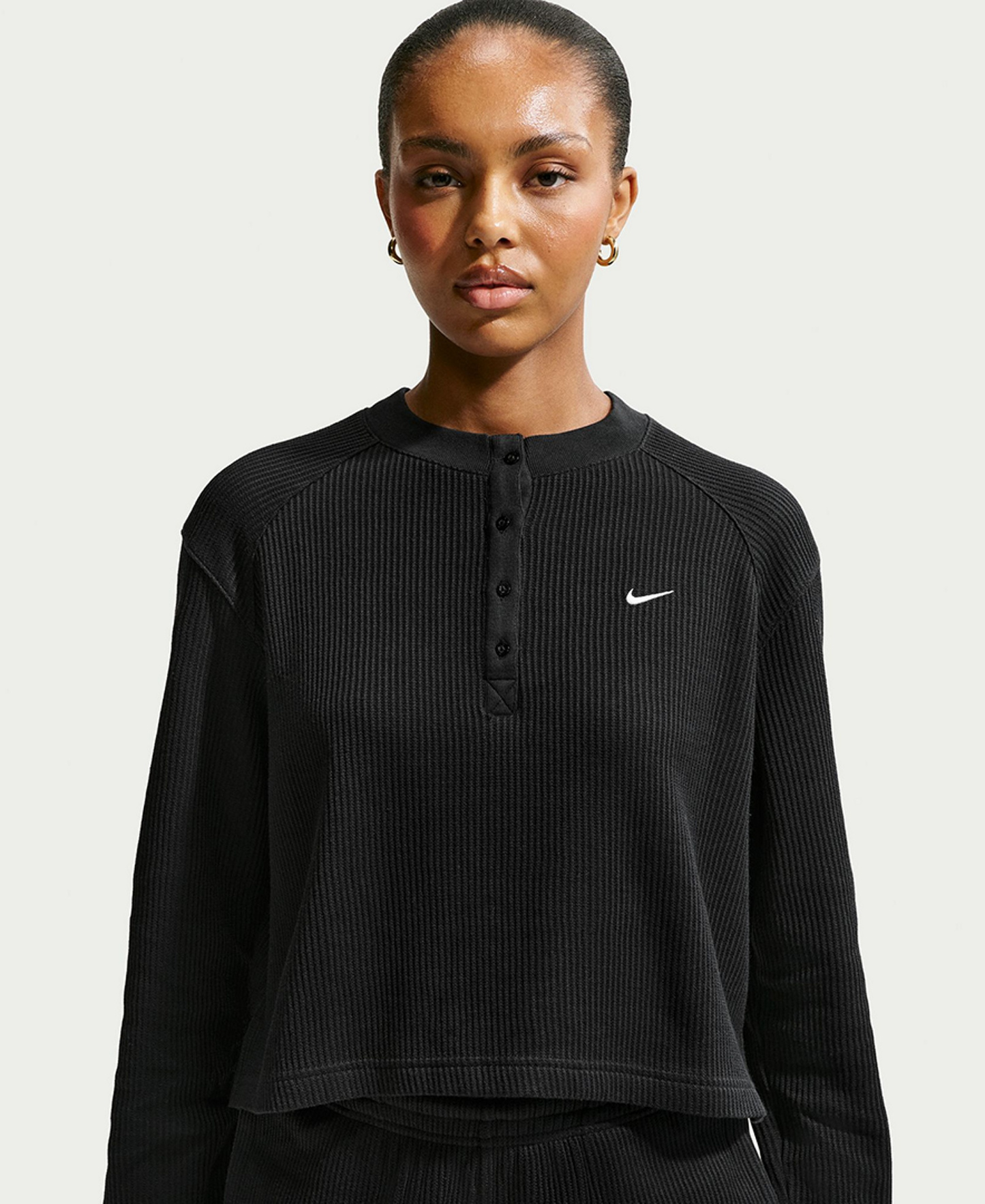 Nike Women's Sportswear Chill Waffle Oversized Long-Sleeve Henley Top - Black/Sail