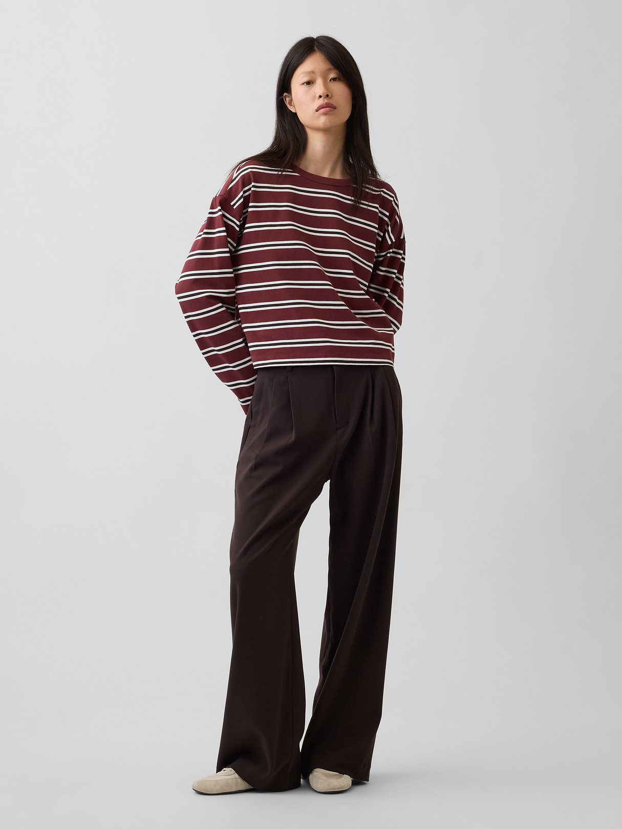 Knit Oversized Crop T-Shirt - Andorra red & brown stripe