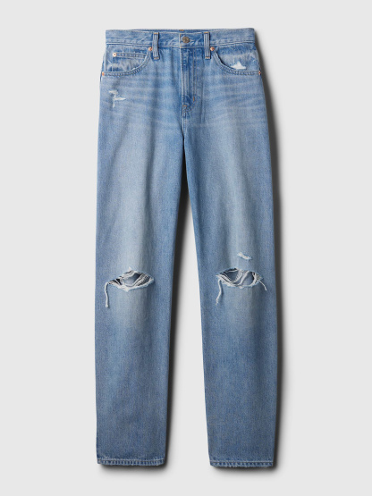 High Rise Khaki Stripe Barrel Jeans - Light indigo destroy