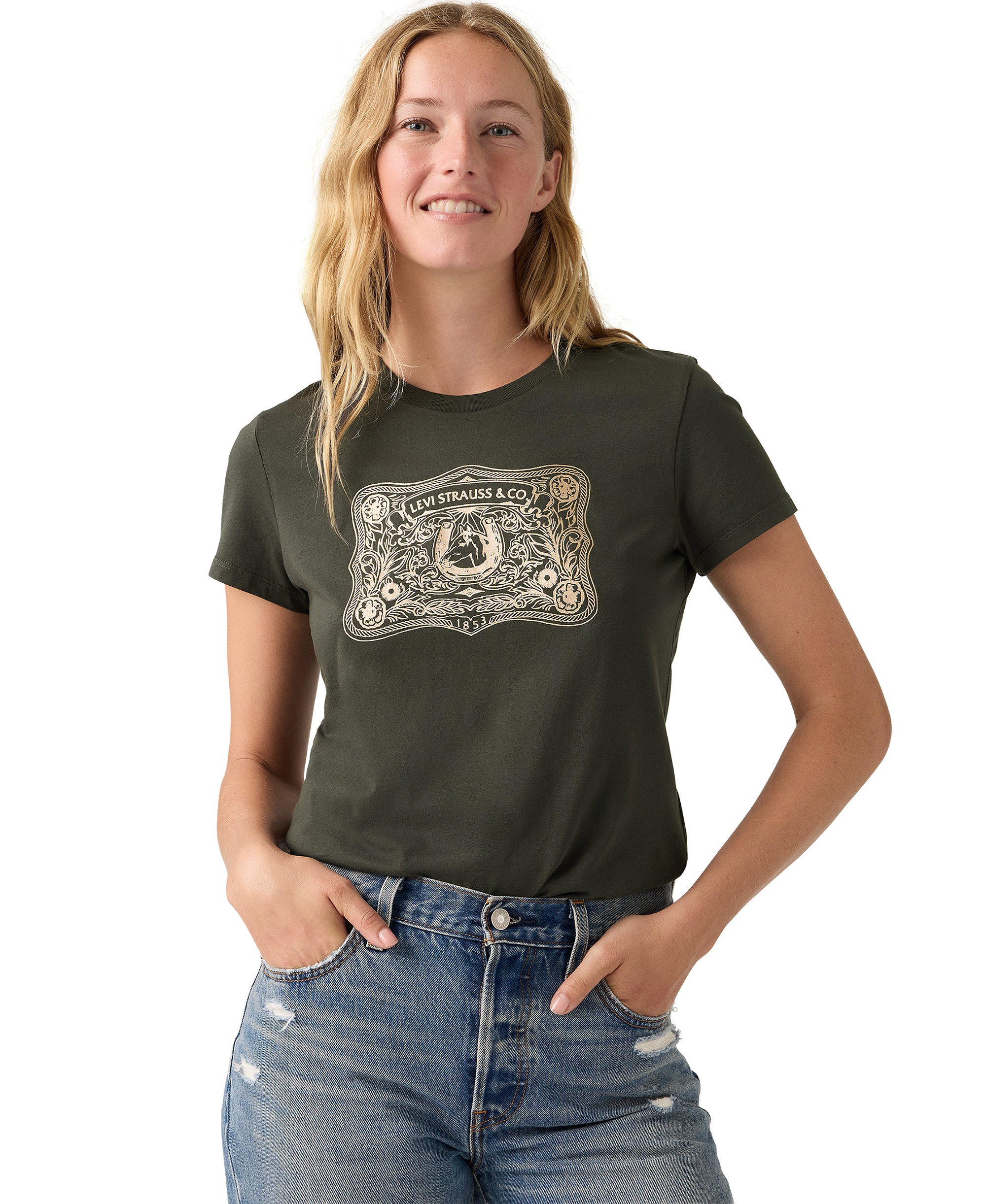 Levi's Women's Perfect Graphic Logo Cotton T-Shirt - Archival Buckle Pirate Black