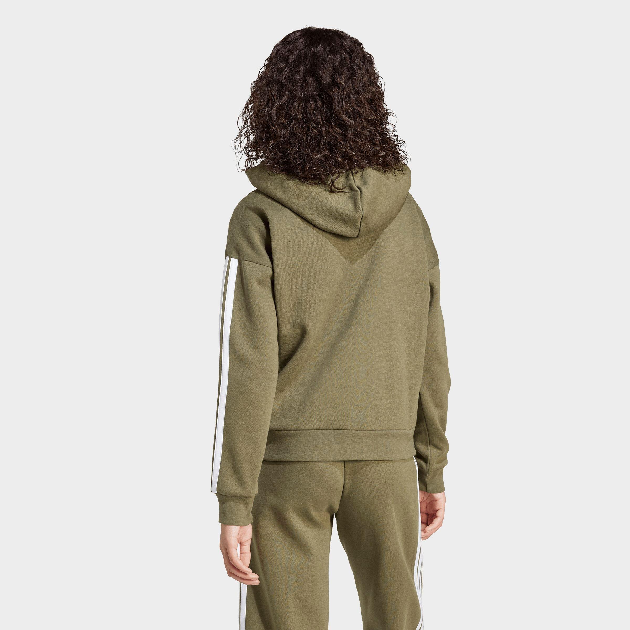 Women's adidas Essentials 3-Stripes Fleece Full-Zip Hoodie - Olive Strata/White