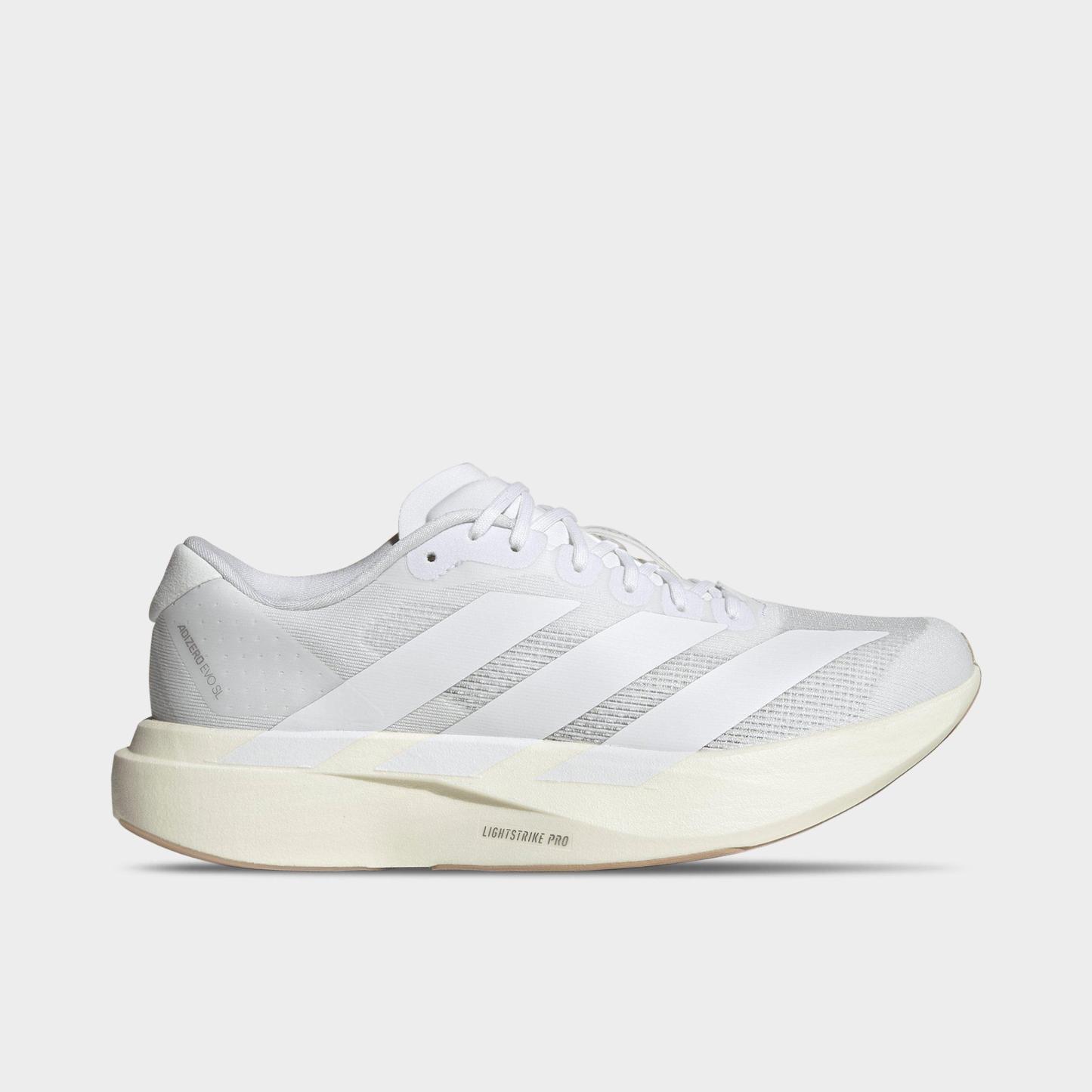 Women's adidas Adizero EVO SL Running Shoes - Part 1 - Cloud White/Cloud White/Warm Sandstone - Left shoe facing left. Outside of the shoe.
