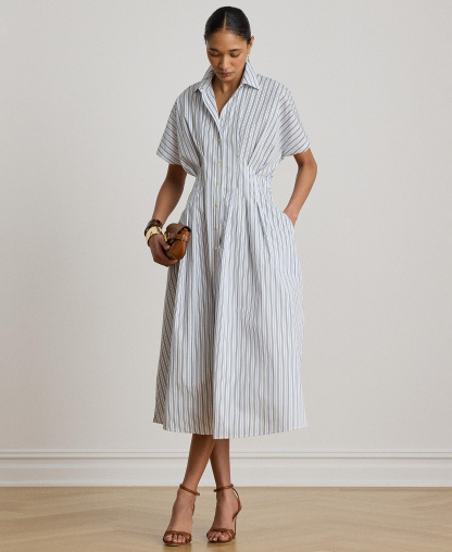 Lauren Ralph Lauren Women's Point Collar Striped Pleated Broadcloth Shirt-Dress - Blue Multi