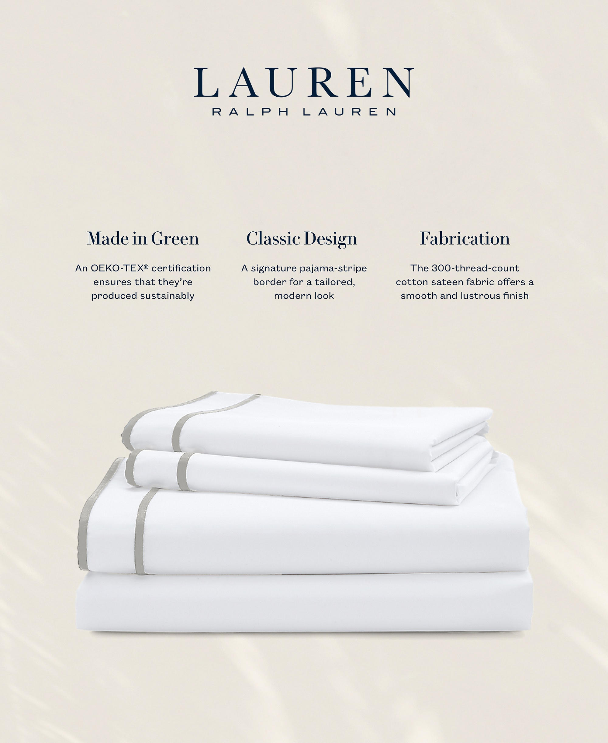 Lauren Ralph Lauren Spencer 300 Thread Count Sateen Border Sheet Set, Queen - White & Stone Grey